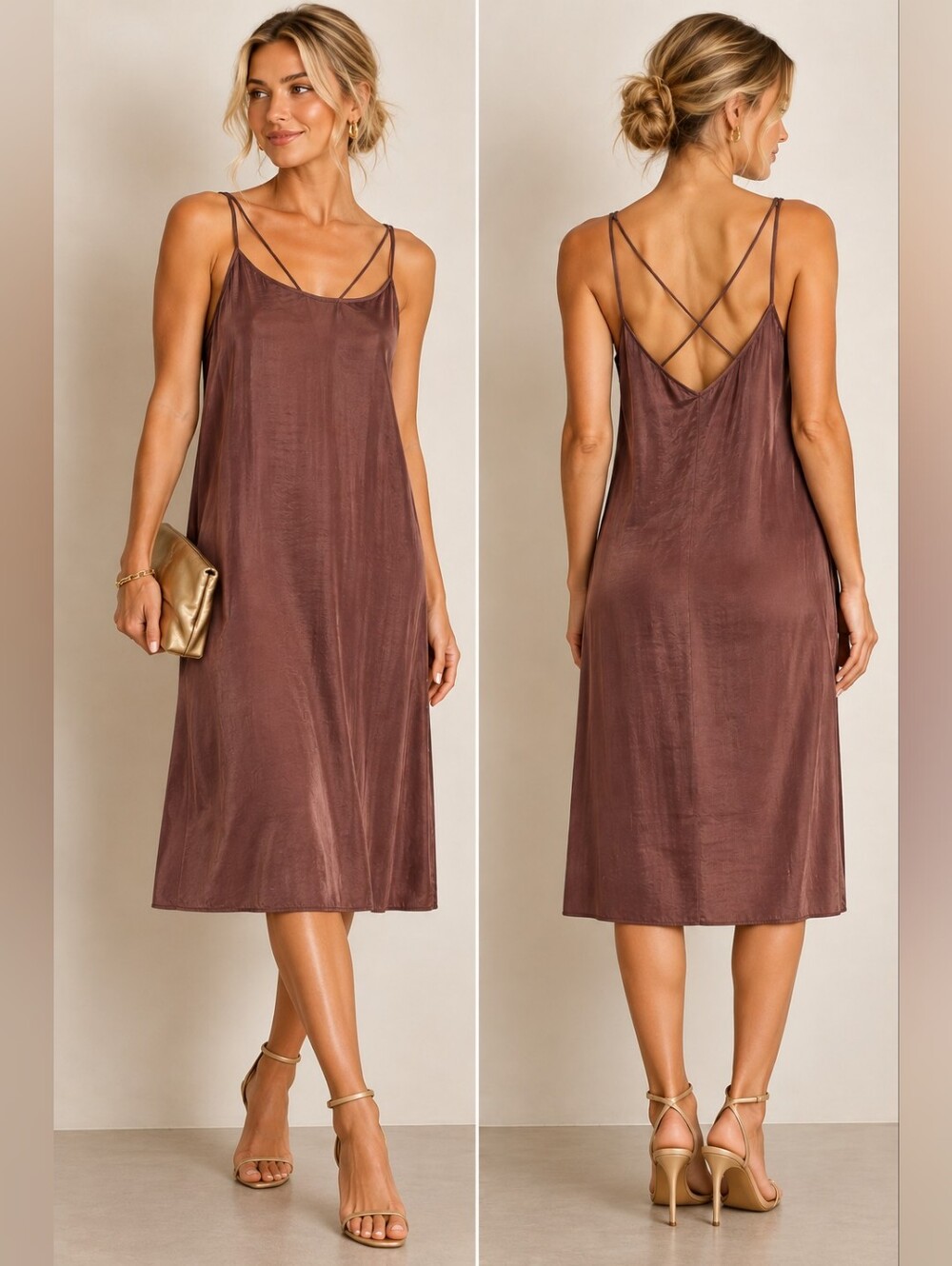 E BY ELOISE ANTHROPOLOGIE SATIN STRAPPY SLIP MIDI DRESS BROWN SIZE M
